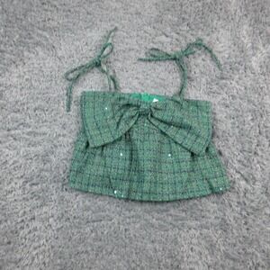 Day + Moon Tank Top Womens Small Green Plaid Sequin Bow Tie Strap Camisole NWT